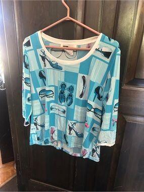Blue Patterned Long Sleeve Tee with Shoe & Sunglass Print NWOT